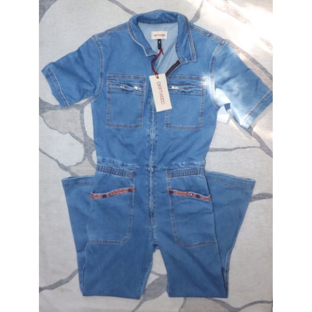Free People x Driftwood Embroidered Denim Jumpsuit M Flare Leg Hippy Western - Picture 1 of 6